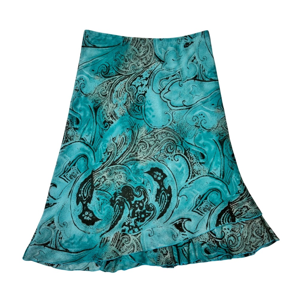 Vintage Y2K 90s Ninety Paisley Midi Skirt Asymmetrical Hem Size L Fairy Low Rise